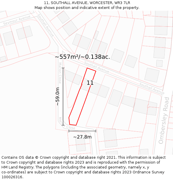 11, SOUTHALL AVENUE, WORCESTER, WR3 7LR: Plot and title map