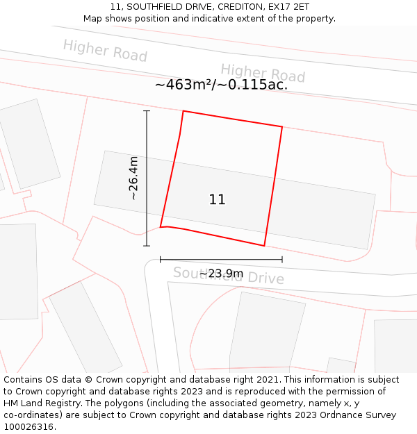 11, SOUTHFIELD DRIVE, CREDITON, EX17 2ET: Plot and title map