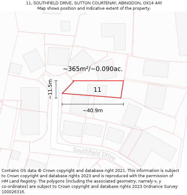 11, SOUTHFIELD DRIVE, SUTTON COURTENAY, ABINGDON, OX14 4AY: Plot and title map