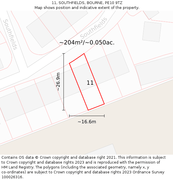 11, SOUTHFIELDS, BOURNE, PE10 9TZ: Plot and title map