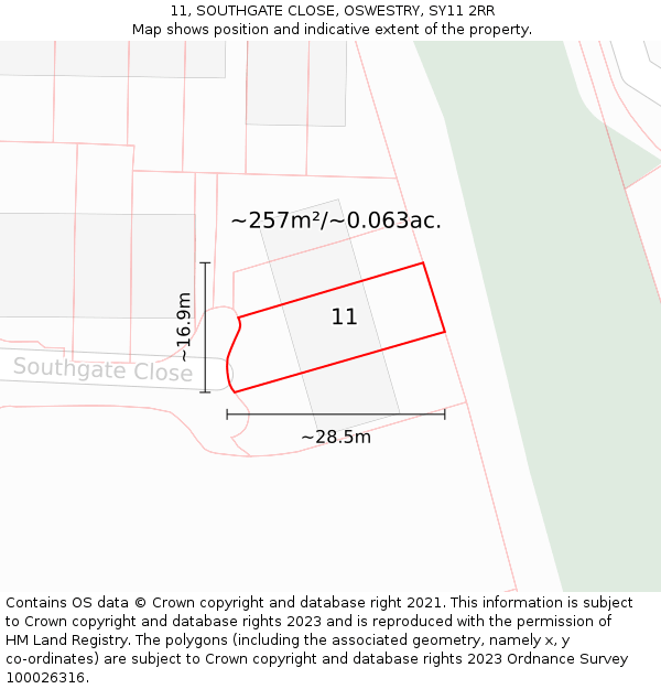 11, SOUTHGATE CLOSE, OSWESTRY, SY11 2RR: Plot and title map