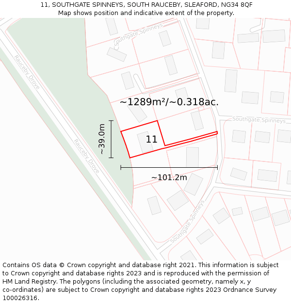 11, SOUTHGATE SPINNEYS, SOUTH RAUCEBY, SLEAFORD, NG34 8QF: Plot and title map