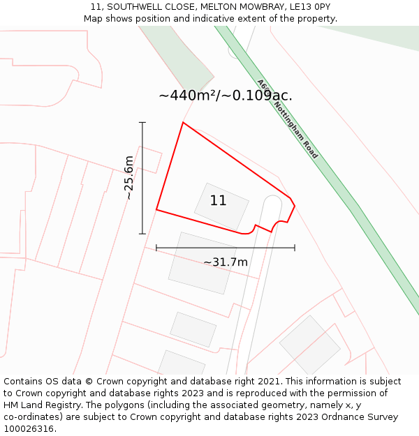 11, SOUTHWELL CLOSE, MELTON MOWBRAY, LE13 0PY: Plot and title map