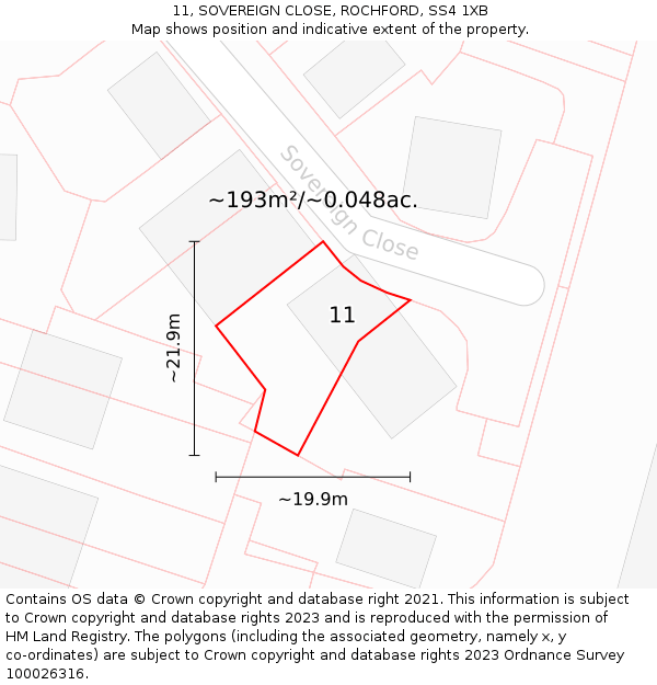 11, SOVEREIGN CLOSE, ROCHFORD, SS4 1XB: Plot and title map