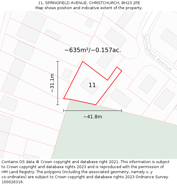 11, SPRINGFIELD AVENUE, CHRISTCHURCH, BH23 2PE: Plot and title map