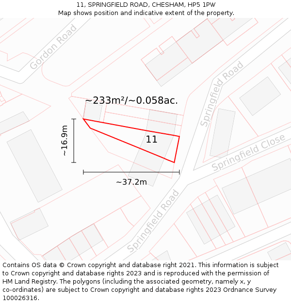 11, SPRINGFIELD ROAD, CHESHAM, HP5 1PW: Plot and title map