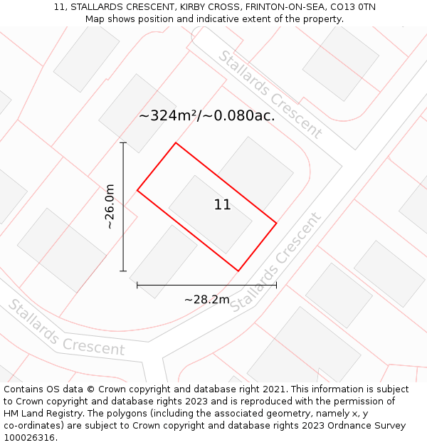 11, STALLARDS CRESCENT, KIRBY CROSS, FRINTON-ON-SEA, CO13 0TN: Plot and title map