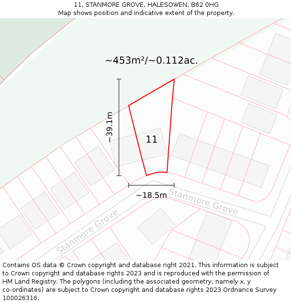 11, STANMORE GROVE, HALESOWEN, B62 0HG: Plot and title map