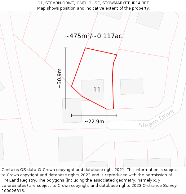 11, STEARN DRIVE, ONEHOUSE, STOWMARKET, IP14 3ET: Plot and title map