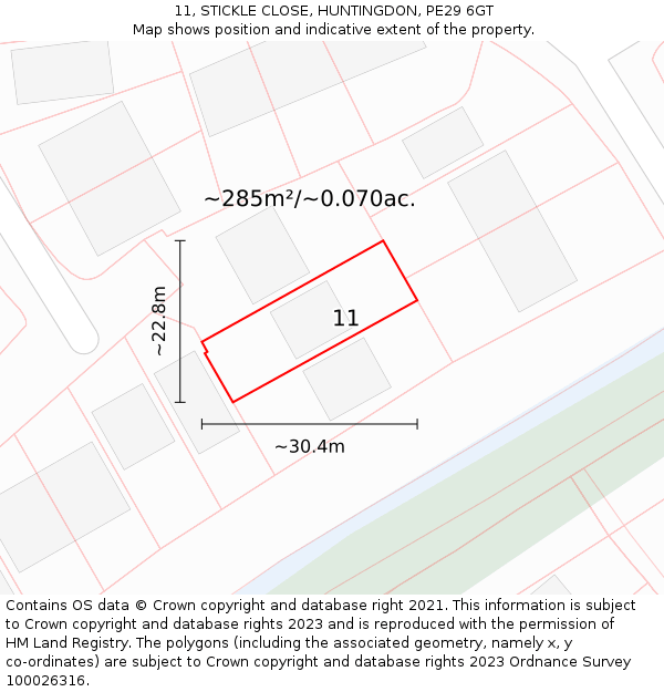 11, STICKLE CLOSE, HUNTINGDON, PE29 6GT: Plot and title map