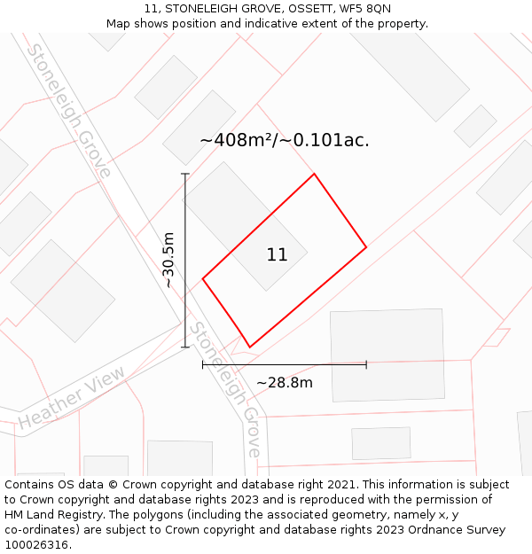 11, STONELEIGH GROVE, OSSETT, WF5 8QN: Plot and title map