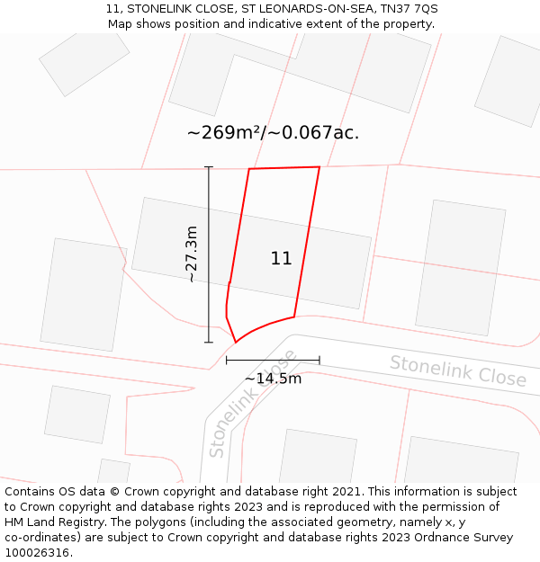 11, STONELINK CLOSE, ST LEONARDS-ON-SEA, TN37 7QS: Plot and title map