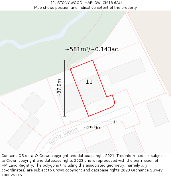11, STONY WOOD, HARLOW, CM18 6AU: Plot and title map
