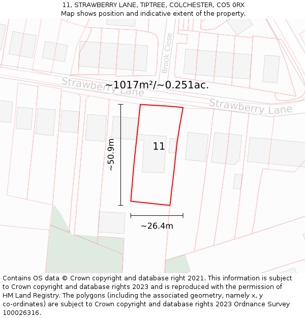 11, STRAWBERRY LANE, TIPTREE, COLCHESTER, CO5 0RX: Plot and title map