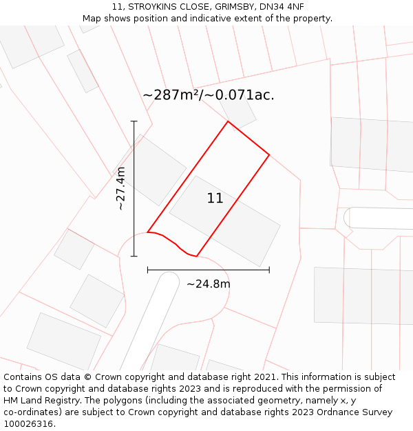 11, STROYKINS CLOSE, GRIMSBY, DN34 4NF: Plot and title map