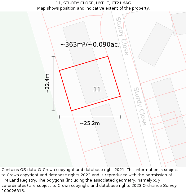 11, STURDY CLOSE, HYTHE, CT21 6AG: Plot and title map