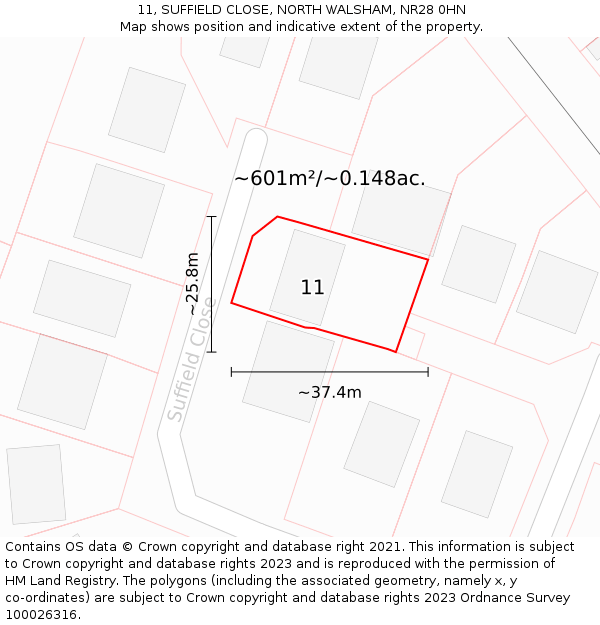 11, SUFFIELD CLOSE, NORTH WALSHAM, NR28 0HN: Plot and title map