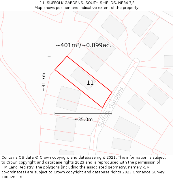 11, SUFFOLK GARDENS, SOUTH SHIELDS, NE34 7JF: Plot and title map