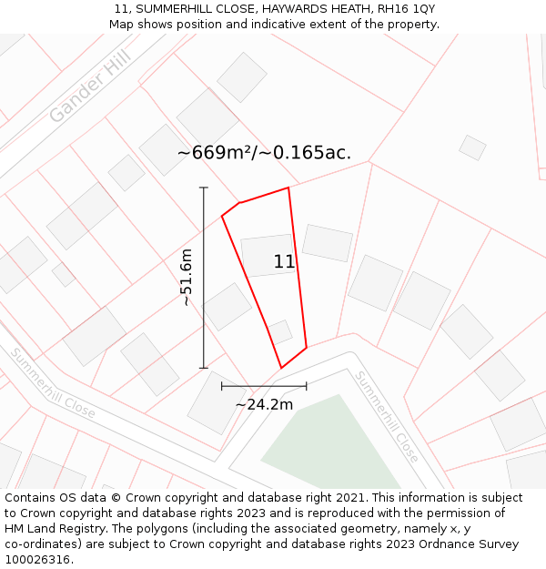 11, SUMMERHILL CLOSE, HAYWARDS HEATH, RH16 1QY: Plot and title map