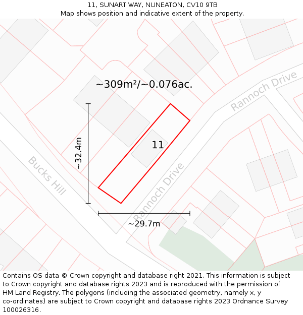 11, SUNART WAY, NUNEATON, CV10 9TB: Plot and title map