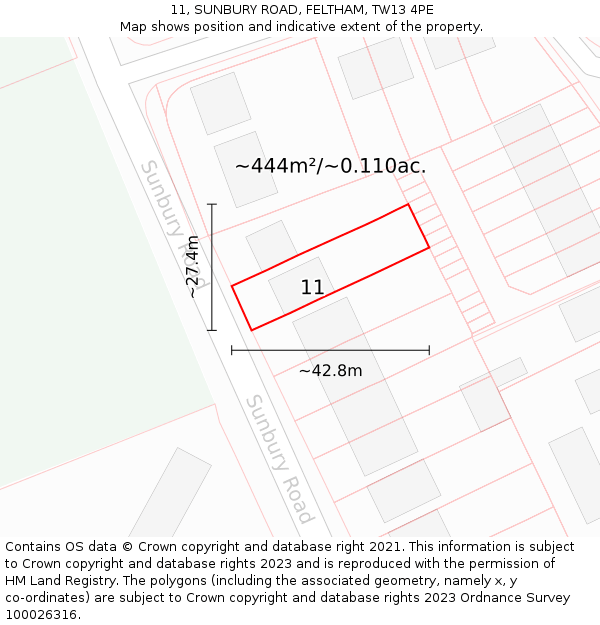 11, SUNBURY ROAD, FELTHAM, TW13 4PE: Plot and title map