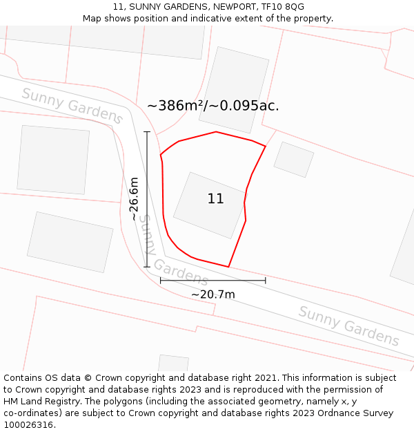 11, SUNNY GARDENS, NEWPORT, TF10 8QG: Plot and title map