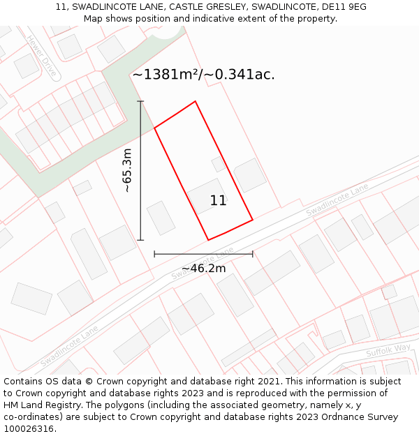 11, SWADLINCOTE LANE, CASTLE GRESLEY, SWADLINCOTE, DE11 9EG: Plot and title map