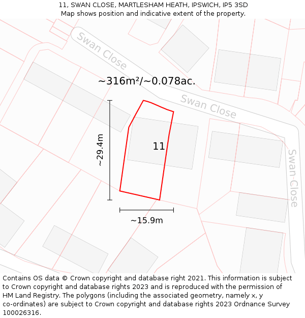 11, SWAN CLOSE, MARTLESHAM HEATH, IPSWICH, IP5 3SD: Plot and title map