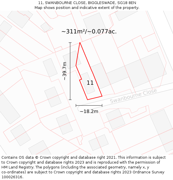 11, SWANBOURNE CLOSE, BIGGLESWADE, SG18 8EN: Plot and title map