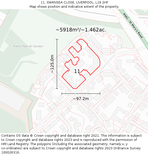 11, SWANSEA CLOSE, LIVERPOOL, L19 2HF: Plot and title map