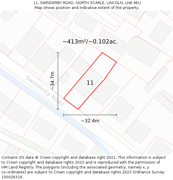 11, SWINDERBY ROAD, NORTH SCARLE, LINCOLN, LN6 9EU: Plot and title map