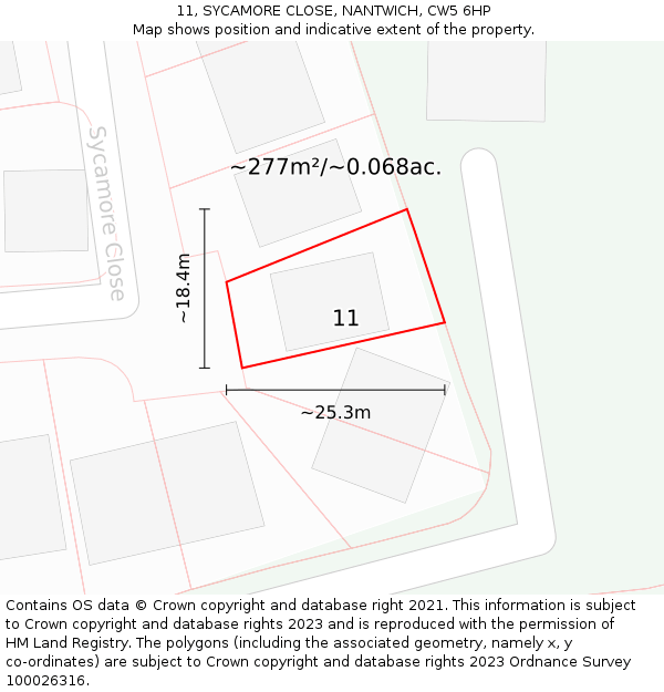 11, SYCAMORE CLOSE, NANTWICH, CW5 6HP: Plot and title map