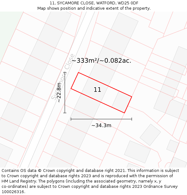 11, SYCAMORE CLOSE, WATFORD, WD25 0DF: Plot and title map