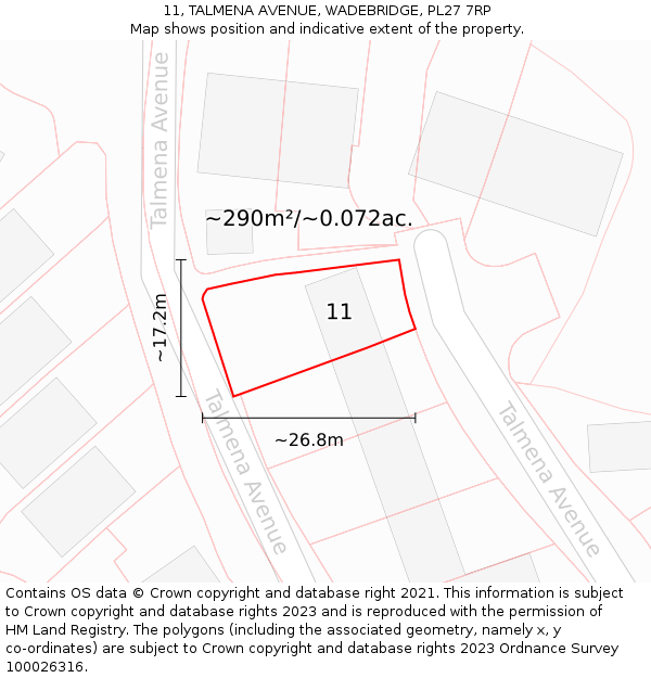 11, TALMENA AVENUE, WADEBRIDGE, PL27 7RP: Plot and title map