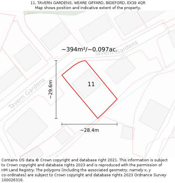 11, TAVERN GARDENS, WEARE GIFFARD, BIDEFORD, EX39 4QR: Plot and title map