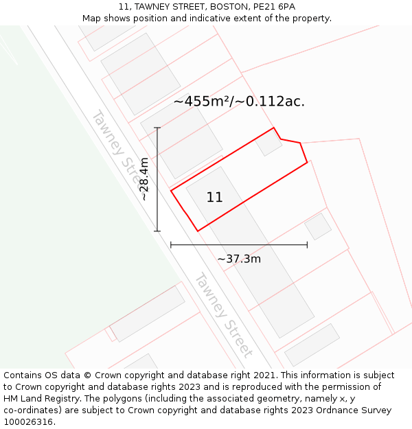 11, TAWNEY STREET, BOSTON, PE21 6PA: Plot and title map