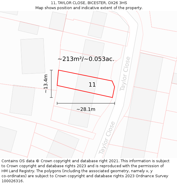 11, TAYLOR CLOSE, BICESTER, OX26 3HS: Plot and title map