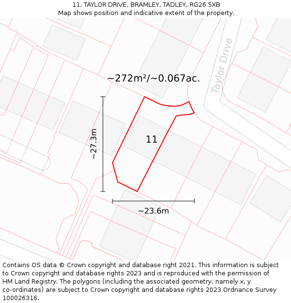 11, TAYLOR DRIVE, BRAMLEY, TADLEY, RG26 5XB: Plot and title map