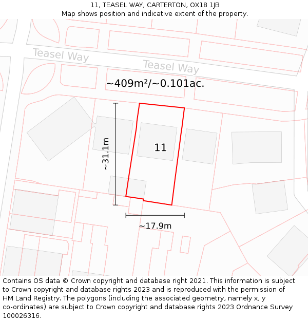 11, TEASEL WAY, CARTERTON, OX18 1JB: Plot and title map