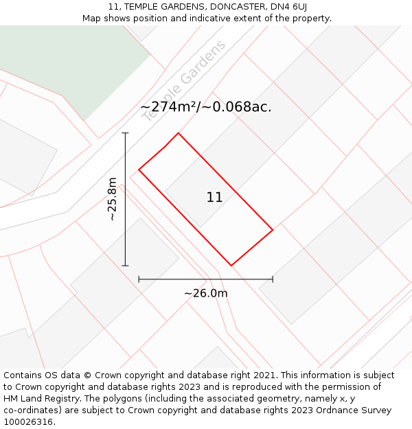11, TEMPLE GARDENS, DONCASTER, DN4 6UJ: Plot and title map