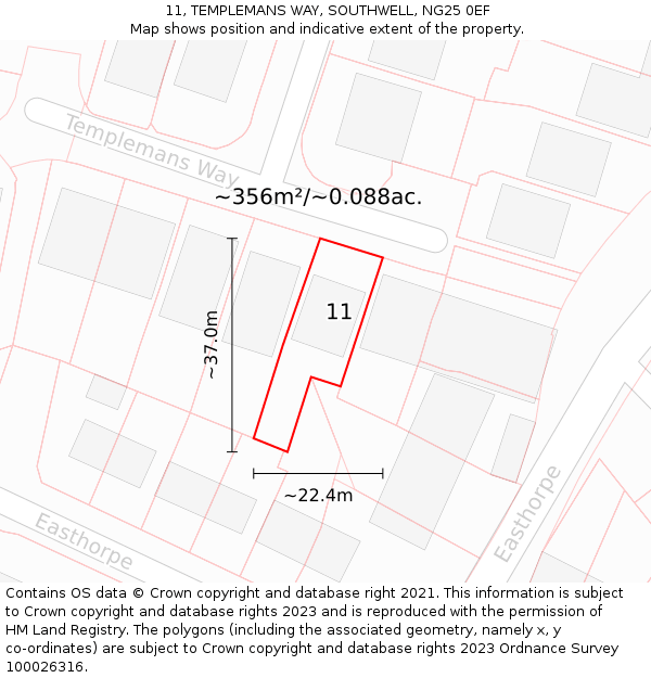 11, TEMPLEMANS WAY, SOUTHWELL, NG25 0EF: Plot and title map