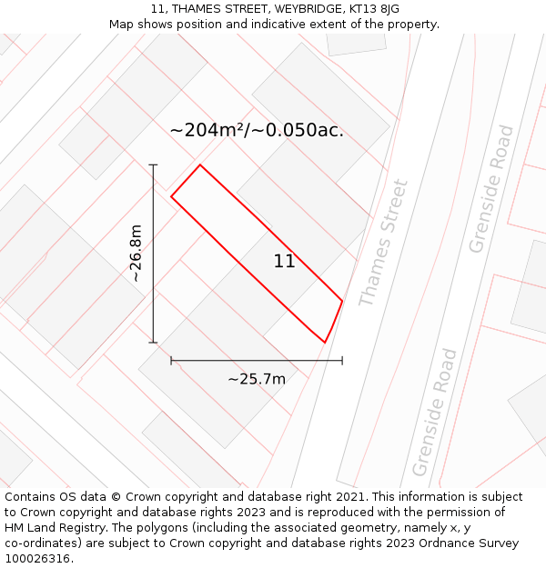 11, THAMES STREET, WEYBRIDGE, KT13 8JG: Plot and title map