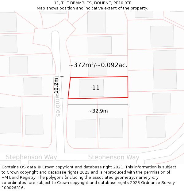 11, THE BRAMBLES, BOURNE, PE10 9TF: Plot and title map