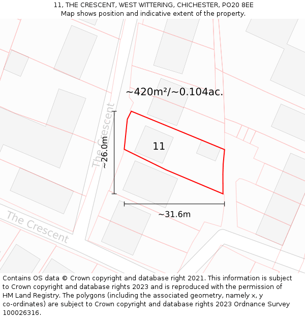 11, THE CRESCENT, WEST WITTERING, CHICHESTER, PO20 8EE: Plot and title map