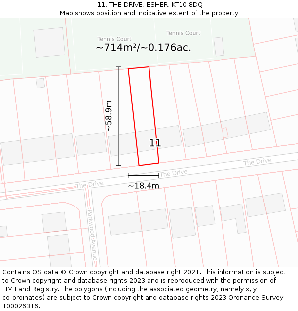 11, THE DRIVE, ESHER, KT10 8DQ: Plot and title map