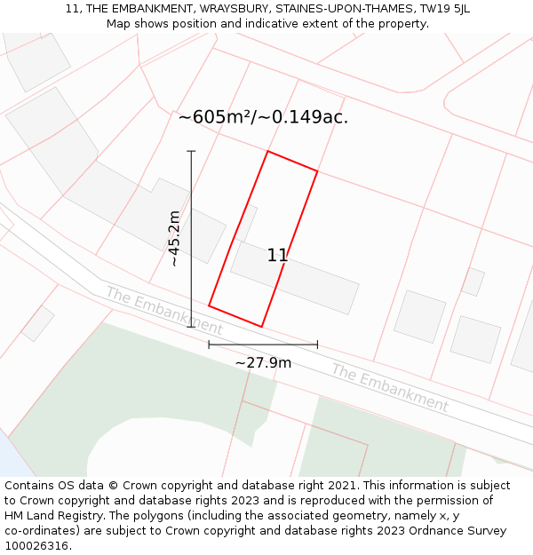 11, THE EMBANKMENT, WRAYSBURY, STAINES-UPON-THAMES, TW19 5JL: Plot and title map