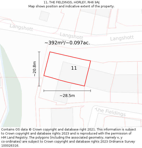 11, THE FIELDINGS, HORLEY, RH6 9AJ: Plot and title map