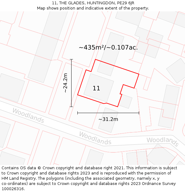 11, THE GLADES, HUNTINGDON, PE29 6JR: Plot and title map