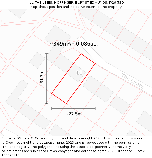 11, THE LIMES, HORRINGER, BURY ST EDMUNDS, IP29 5SQ: Plot and title map