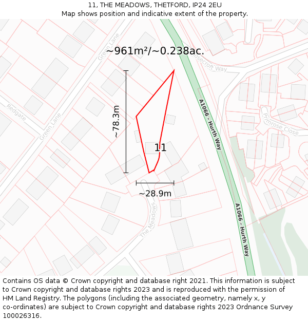 11, THE MEADOWS, THETFORD, IP24 2EU: Plot and title map